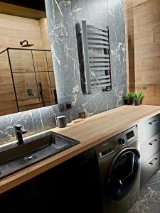ザモシチにあるApartament Hetmanのシンクと洗濯機付きのキッチン