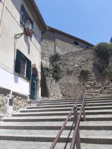 a set of stairs leading to a building with a blue door at Foresteria in Tuscania
