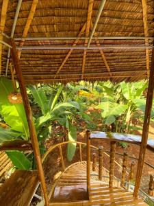 a wooden chair under a straw roof with plants at Adorable Dome House in Puerto Princesa City