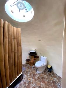 bagno con servizi igienici e soffitto con finestra. di Adorable Dome House a Città di Puerto Princesa