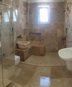 uma casa de banho com um chuveiro, um WC e um lavatório. em Antalya Konyaaltında muhteşem GEMİ EV em Antalya