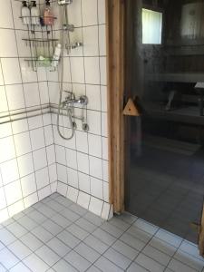 a bathroom with a shower and a tiled floor at Aurora Center 3 in Rovaniemi