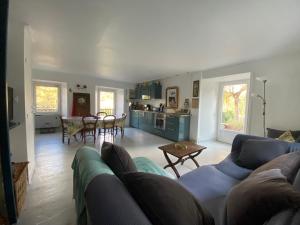 Maison de village avec terrasse et jardin Saint Urcize في Saint-Urcize: غرفة معيشة مع أريكة زرقاء ومطبخ
