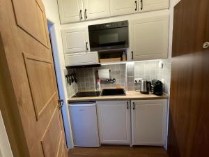 a small kitchen with white cabinets and a microwave at Andel Studio with terrace in Prague