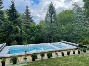 a swimming pool in a yard with potted plants at Henderson Castle Inn in Kalamazoo