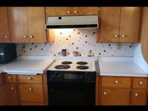 a kitchen with a stove and wooden cabinets at Brett's on the Lake in Durand