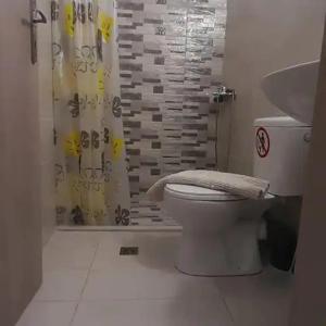 a bathroom with a toilet and a shower curtain at Το σπίτι της Ελένης in Vlakhiá