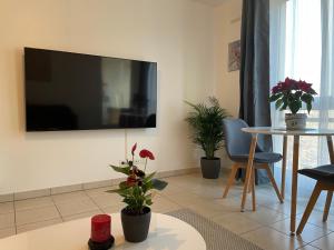 a living room with a tv on a wall with plants at Superbe T2 avec parking et loggia in Marseille