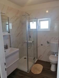 La salle de bains est pourvue d'une douche, de toilettes et d'un lavabo. dans l'établissement Apartments by the sea Rogoznica - 10002, à Rogoznica