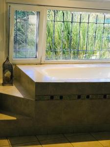 una grande vasca da bagno in una stanza con finestra di Los trinos a Coronel Suárez