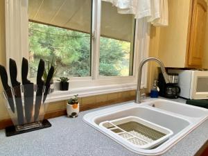 w kuchni z umywalką i oknem w obiekcie Snow Bunny Cottage, Pets Welcomed! w mieście Green Valley Lake