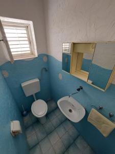 Baño azul con aseo y lavamanos en Apartments Bor - 20m from the beach, en Kraj