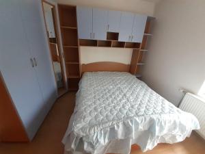 um pequeno quarto com uma cama e prateleiras em Apartman Nole 1 em Despotovac