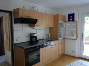 a kitchen with wooden cabinets and a sink and a refrigerator at Ferienwohnung Timm in Tübingen