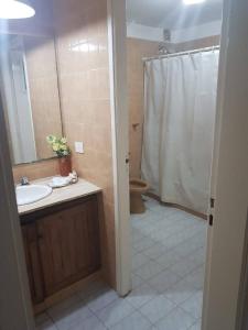 Un baño con lavabo, inodoro y ducha. en El Cazón Home, en Pinamar