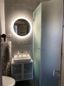 a bathroom with a sink and a mirror at Lovely 2-bedroom apartment in centre of Bratislava in Bratislava