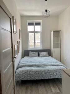 a bedroom with a bed in a room with a window at Lovely 2-bedroom apartment in centre of Bratislava in Bratislava