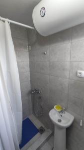 y baño con lavabo y ducha con cortina de ducha. en Vila Dusica, en Gornja Trepča