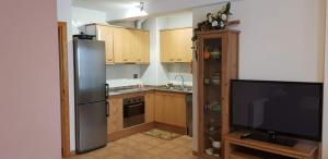una cucina con frigorifero in acciaio inox e TV di Apartamento en Vall d'Incles a Incles