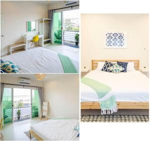 three pictures of a bedroom with a bed and a window at 2 bedroom apartment in Sukhothai