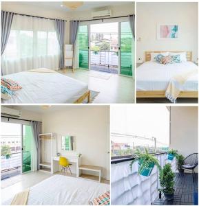 a collage of four pictures of a bedroom and a bed at 2 bedroom apartment in Sukhothai