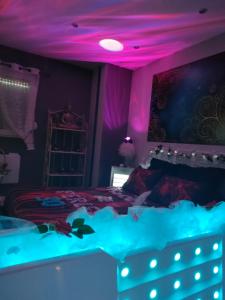OchancourtにあるLoft avec Baignoire SPA LÉcrin Romantiqueのピンクの天井と照明付きのベッドが備わるベッドルーム1室が備わります。