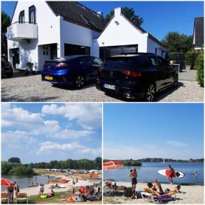 due foto di auto parcheggiate in spiaggia con persone di Design B&B holiday cottage in Spakenburg a Spakenburg