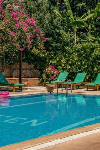 a swimming pool with two lounge chairs and pink flowers at Ten Apart Hotel in Fethiye