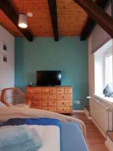 Un dormitorio con una cama y un televisor sobre una cómoda. en FW Achterdeck, 1 Obergeschoss, Petershof-Lehbek, en Gelting