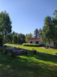 a group of picnic tables in a grass field at Holiday House Mäntyniemi in Hossa