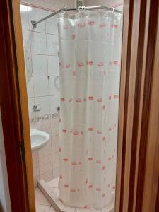 ein Badezimmer mit einem Duschvorhang mit roten Blumen in der Unterkunft Gedimino Apartamentai in Juodkrantė