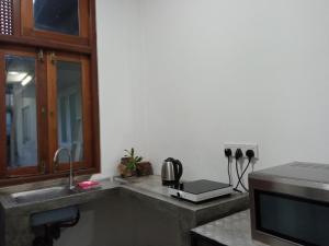 uma cozinha com um lavatório e um micro-ondas em Ridmi Home Stay em Karagampitiya