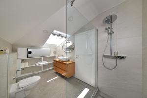 ein Bad mit einer Dusche und einem WC in der Unterkunft Novem in Zadar