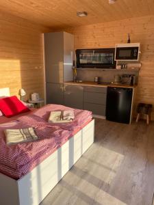 um quarto com uma cama grande e uma cozinha em Chatka - A - Vyhlídka nad řekou em Zdiby