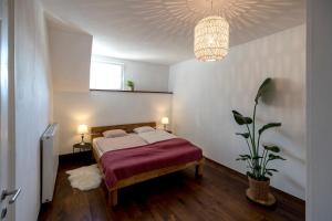 Schlafzimmer mit einem Bett und einem Kronleuchter in der Unterkunft Studio Loft Murau - im Herzen der Altstadt in Murau