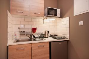 eine kleine Küche mit einer Spüle und einer Mikrowelle in der Unterkunft Sosenka Zaniemyśl in Zaniemyśl