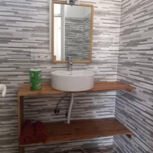 a bathroom with a sink and a mirror at villa liam kiwengwa zanzibar in Kiwengwa