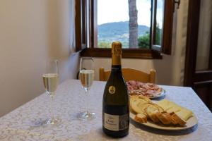 Caenere的住宿－Tenuta da Mosè con vista sui colli asolani，一张桌子上摆放着一瓶葡萄酒和酒杯