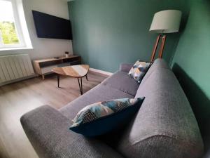 uma sala de estar com um sofá cinzento com almofadas em Bel Appartement T2 40 M2 em Vaugneray