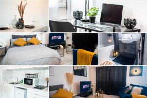 a collage of photos of a room with a bed and a laptop at "LE PERSIAN" Studio à 3 min de la GARE, 10min du centre commercial, WIFI, PARKING in Evry-Courcouronnes