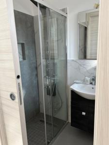 uma casa de banho com um chuveiro e um lavatório. em pensiunea ALBERO em Curtea de Argeş