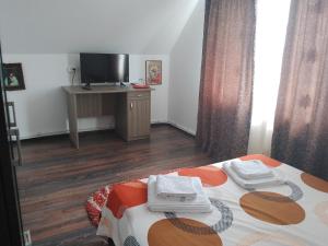 a bedroom with a bed with a tv and a table at La Cabană Girov in Girov