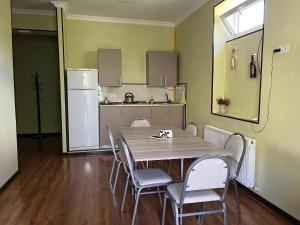 eine Küche mit einem Tisch und Stühlen sowie einem Kühlschrank in der Unterkunft Guest House Demma in Kazbegi