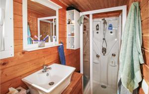 a bathroom with a sink and a shower at Stunning Ship In Brandenburg With Lake View in Kützkow