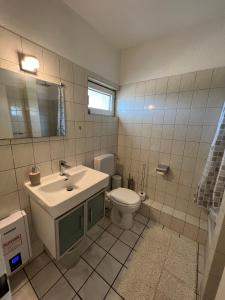 W łazience znajduje się umywalka, toaleta i lustro. w obiekcie Gemütliches Apartment in Essen w Essen