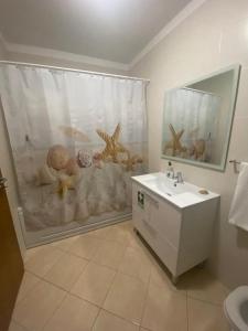 弗雷舒德埃什帕達阿辛塔的住宿－Congidouro，浴室配有淋浴帘和盥洗盆。