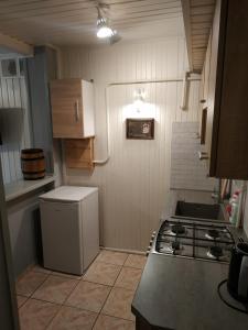 a small kitchen with a stove and a refrigerator at Nostalgia noclegi in Olsztyn