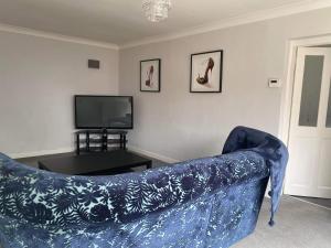 a blue couch in a living room with a tv at Cozy 2-bedroom property with shared garden in Sunderland