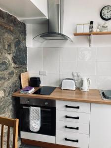 a kitchen with a counter and a stove top oven at Stiwdio Eithinog in Caernarfon