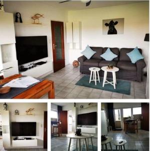 2 fotos de una sala de estar con sofá en Deichwohnung Strandweg 7, en Friedrichskoog-Spitz